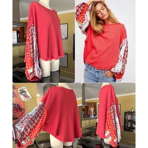 We The Free Waffle Knit Mixed Media Oversized Thermal Drapey Paisley Sleeve Top